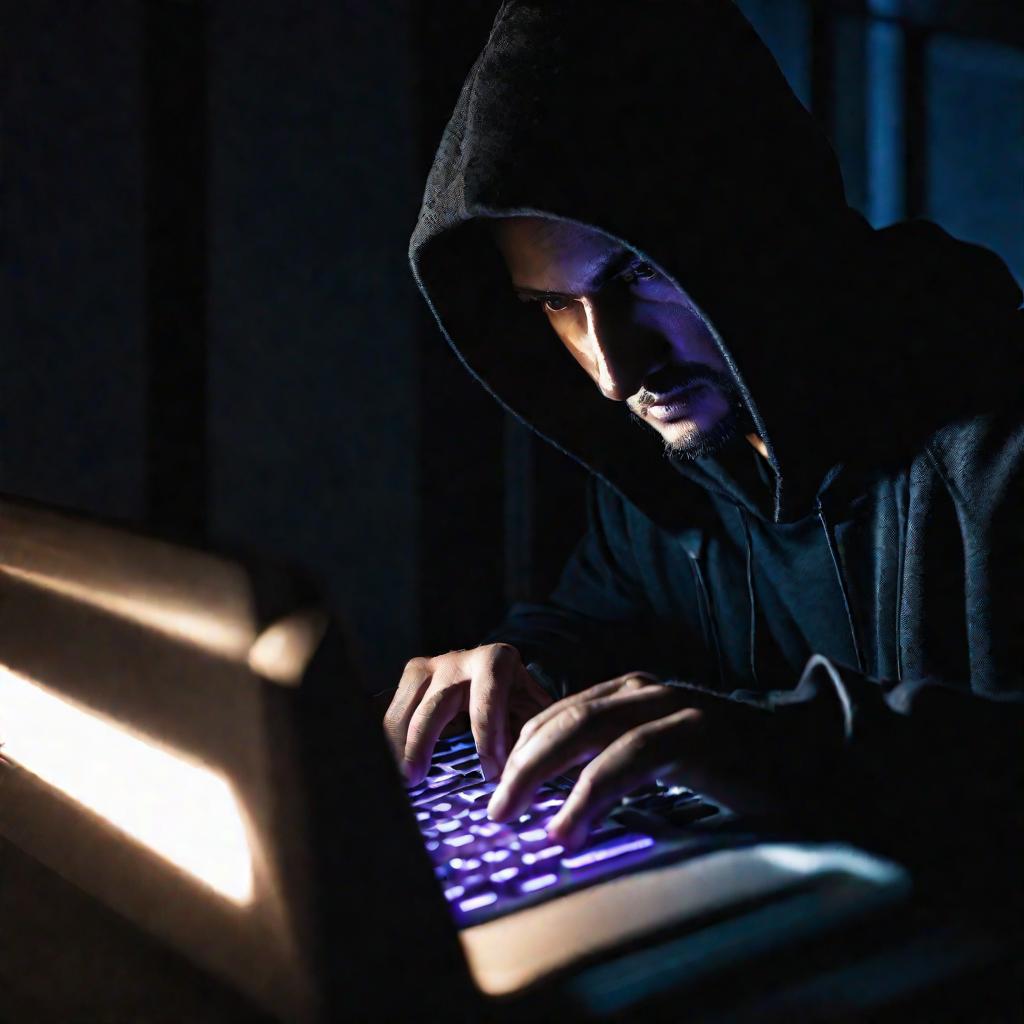 Мужчина в темной толстовке набирает пароль на подсвеченной клавиатуре ночью