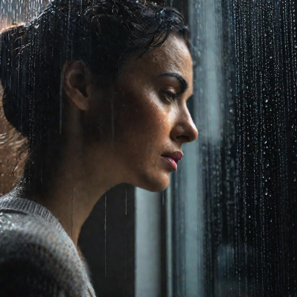 Портрет задумчивой женщины у окна в дождь