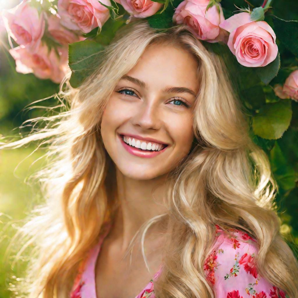 Портрет: счастливая блондинка с зелеными глазами в розовом сарафане с розой в волосах