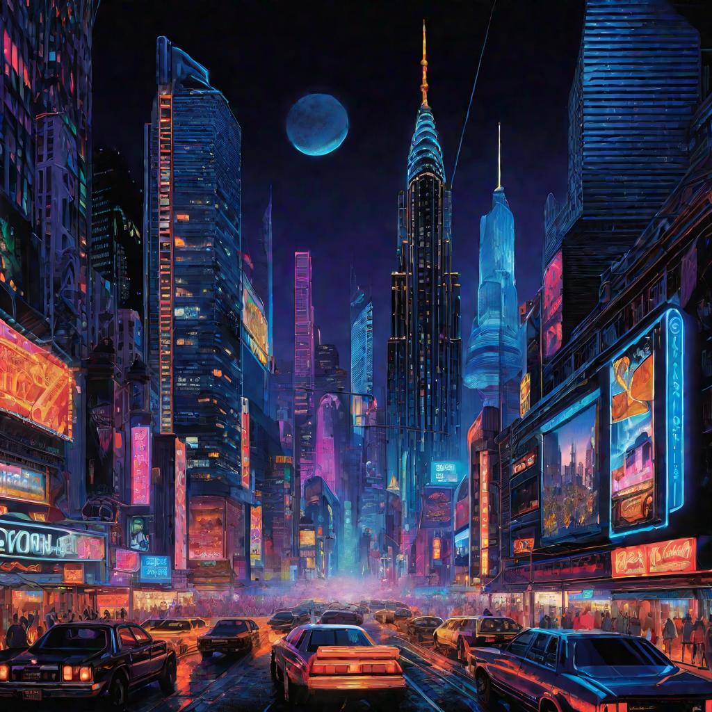 Ночной город: небоскребы в неоновых огнях, оживленные улицы, синее ночное небо