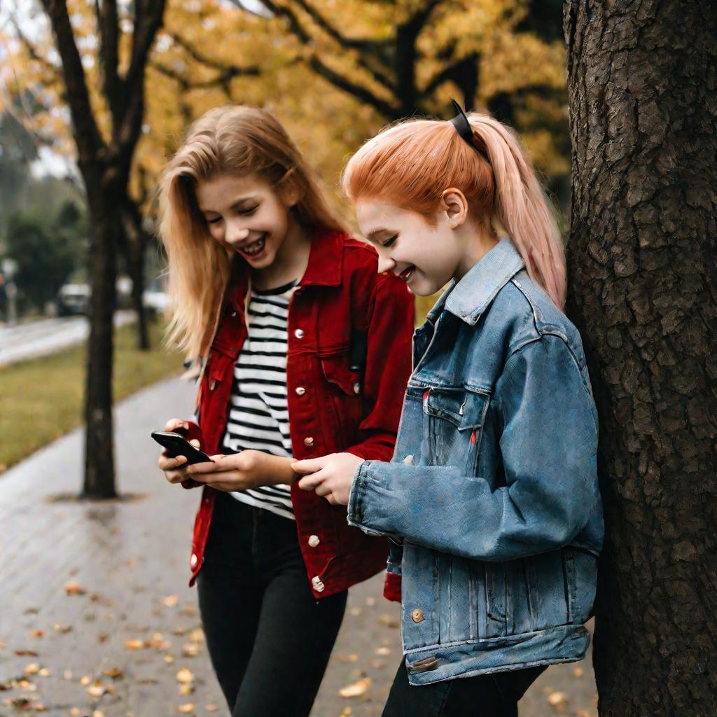 Два подростка вместе смотрят на экран смартфона и смеются