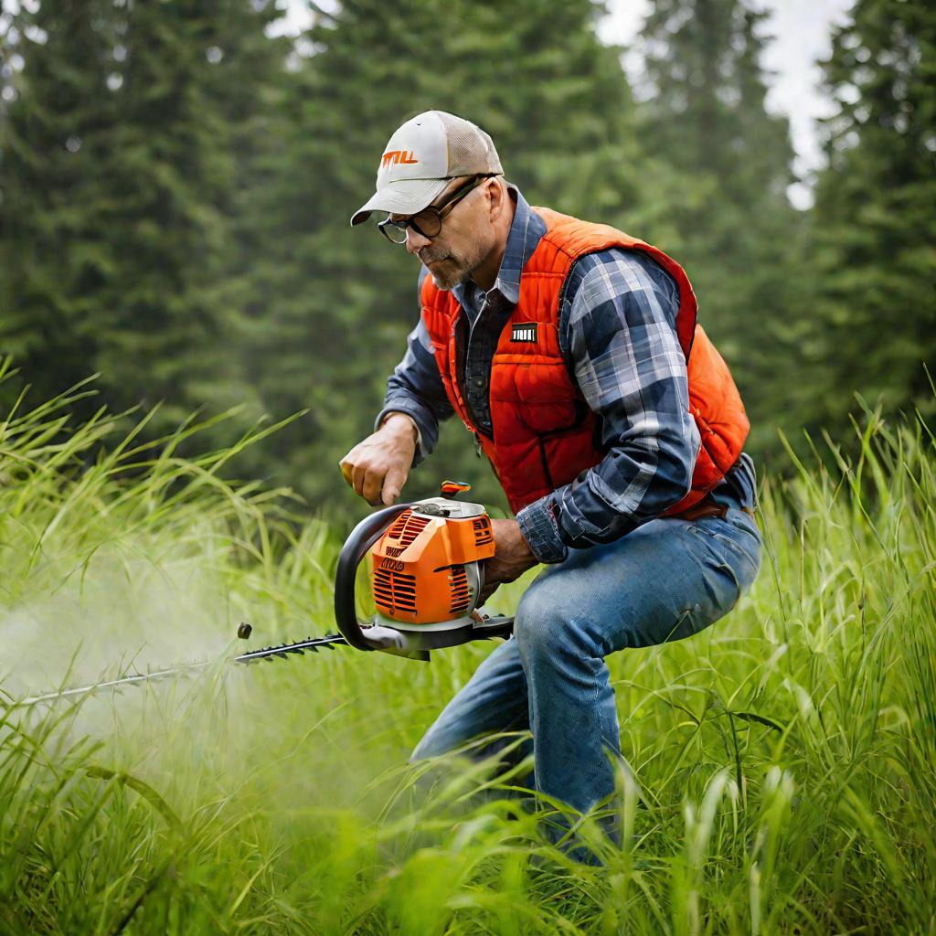 Портрет мужчины, использующего триммер Stihl FS 450 для скашивания высокой травы на опушке леса