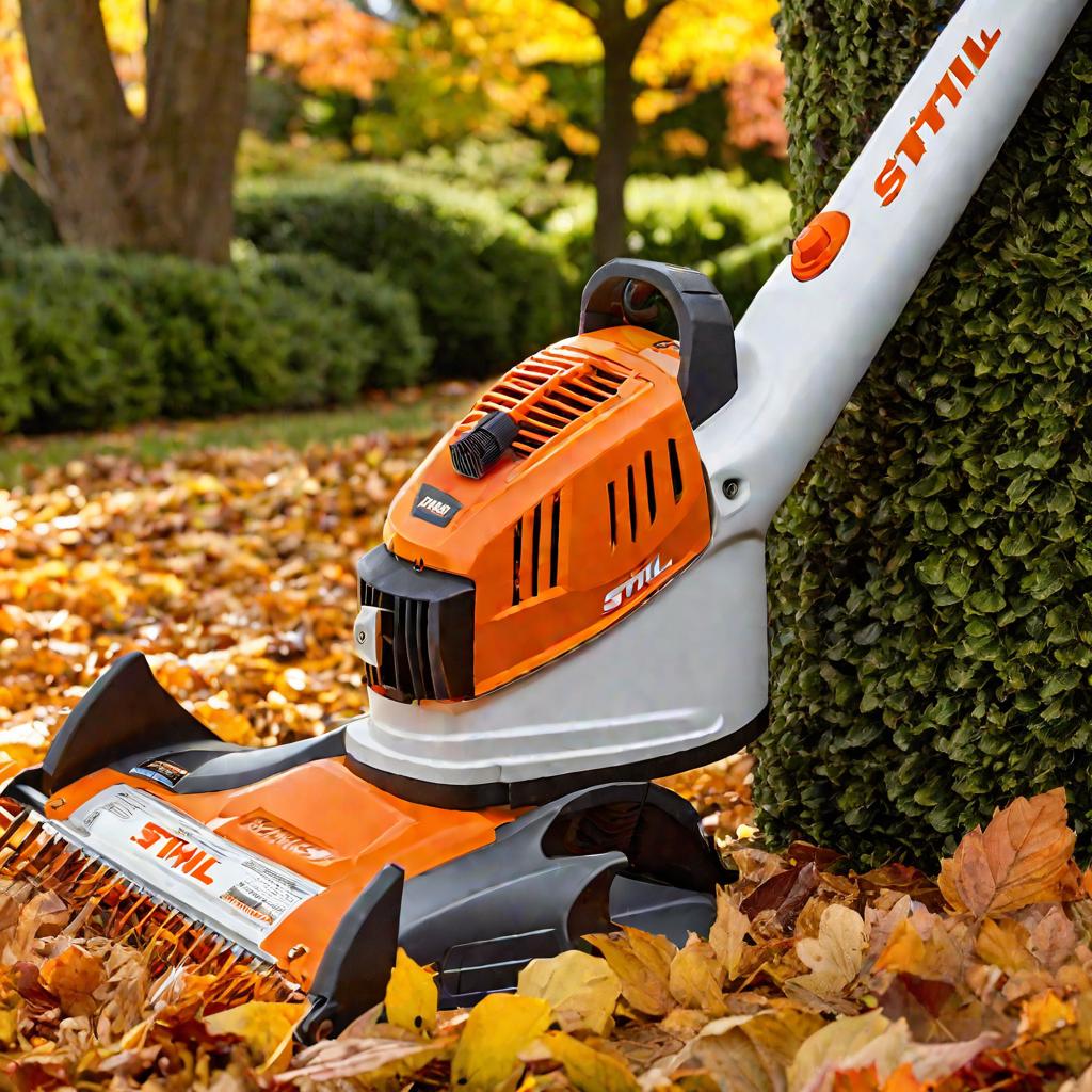 Триммер Stihl FS 450 покоится на земле перед деревьями и кустами