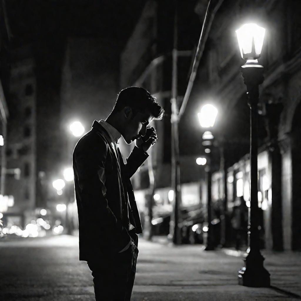 Портрет молодого человека, совершающего срочный звонок на улице ночью.