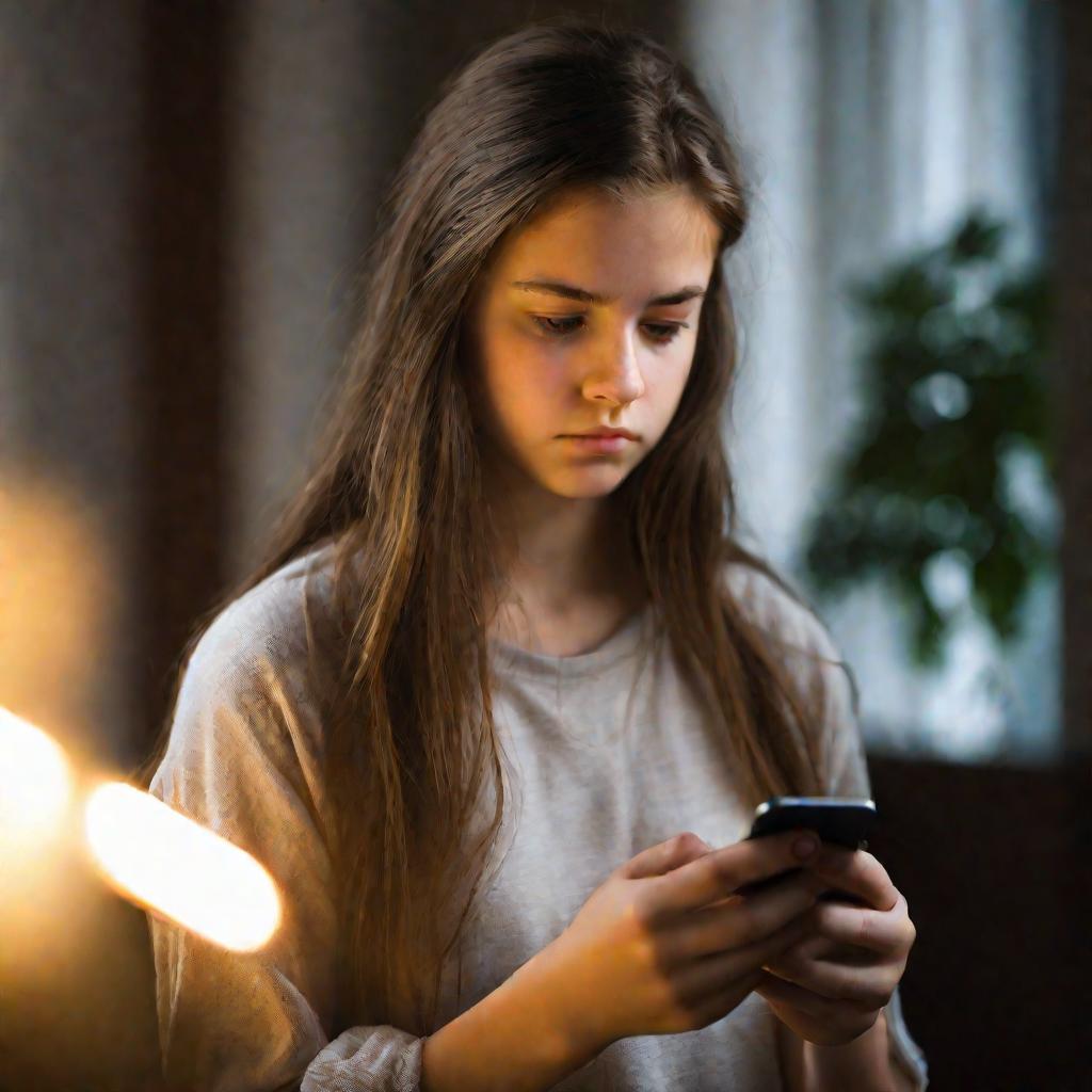 Подросток сосредоточенно смотрит на смартфон