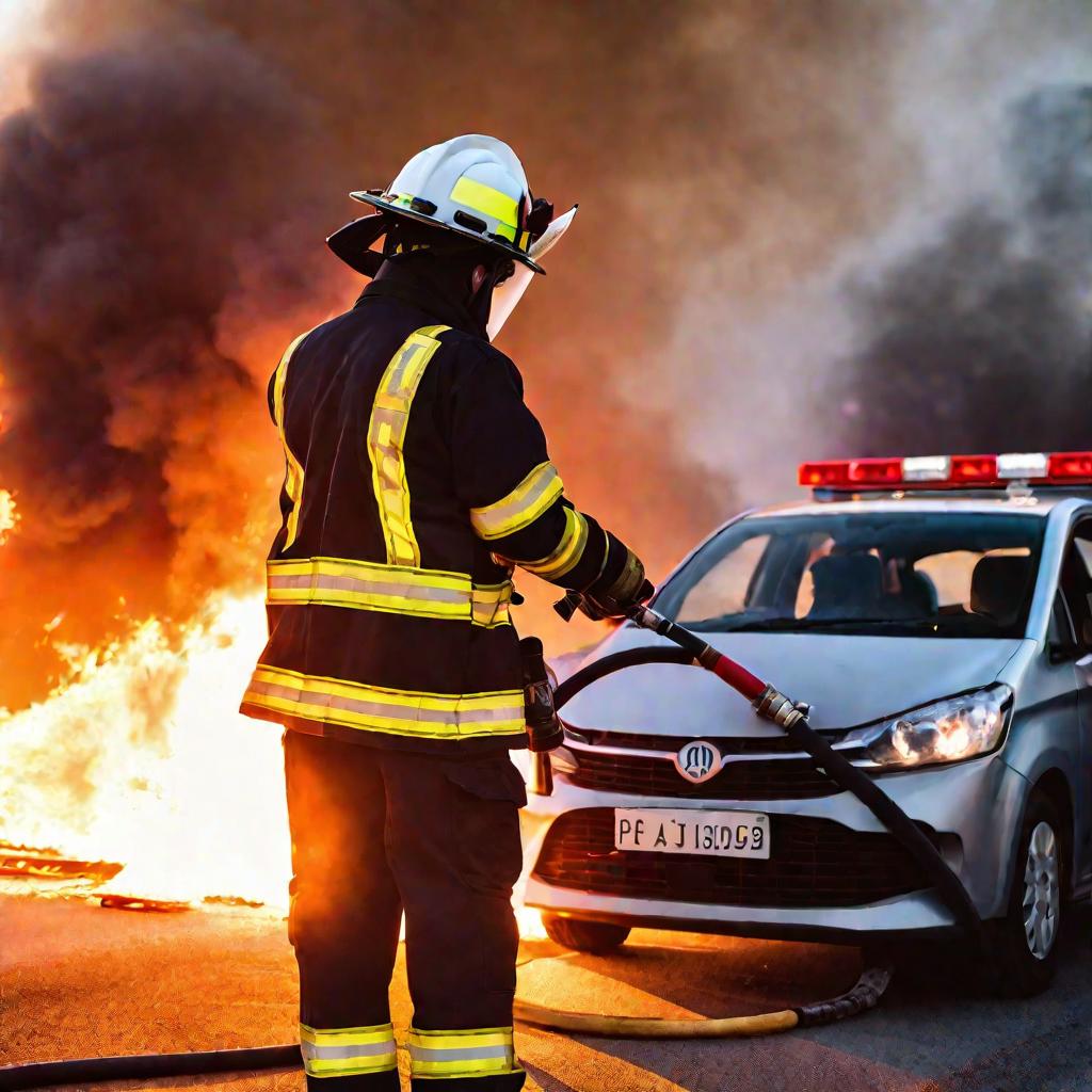 Портретный крупный план пожарного в спецформе тушащего горящую машину на фоне пожарной машины