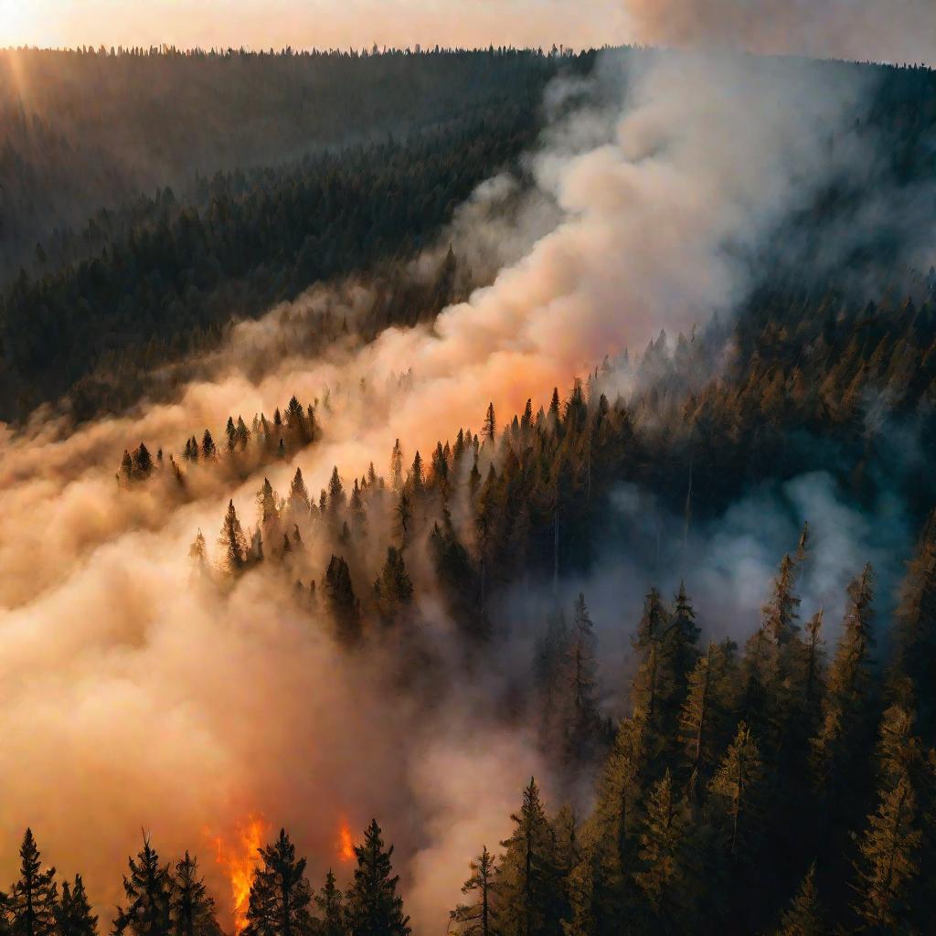 Широкий вид сверху на горящий лес с дымом среди хвойных деревьев в сезон лесных пожаров