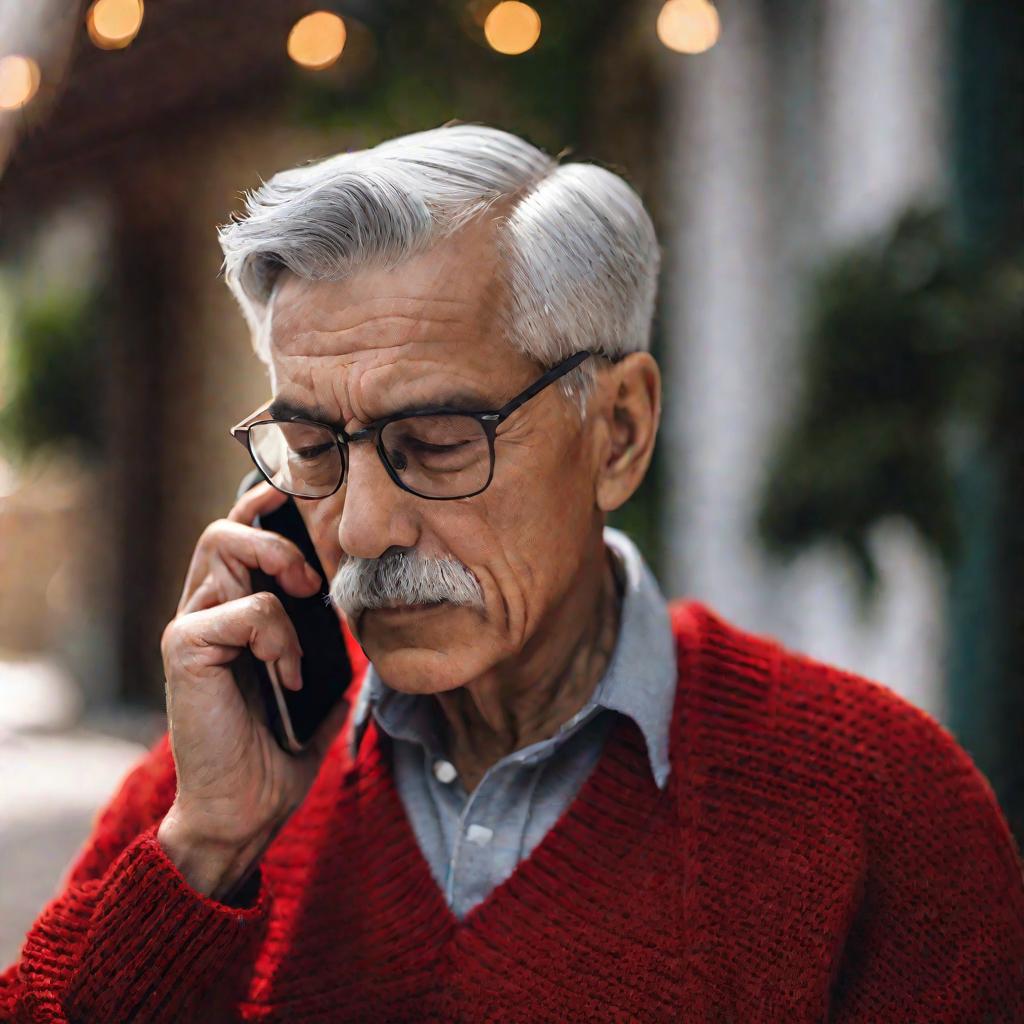 Пожилой мужчина готовится перевести деньги родственнику по телефону