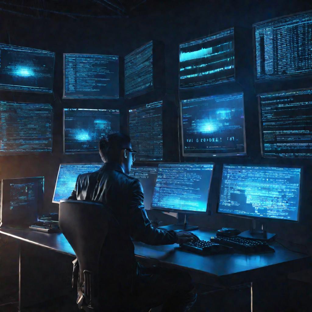 Темная комната хакера с мониторами