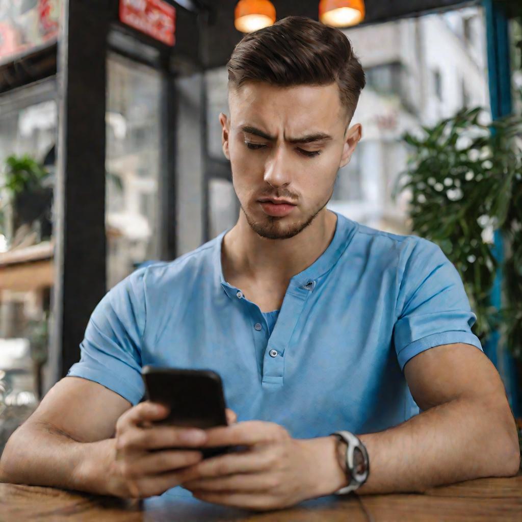 Крупный портрет задумчивого молодого человека в синей рубашке, смотрящего на экран мобильного телефона в кафе в пасмурное утро. На экране телефона сервис Tele2 с номером и надписью «Позвонить оператору МТС» на русском языке. Он хмурит брови, размышляя, ка