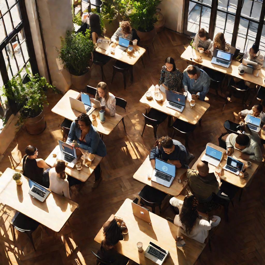 Вид сверху на людей в кафе, пользующихся ноутбуками, планшетами и телефонами. На некоторых устройствах виден интерфейс ВКонтакте.