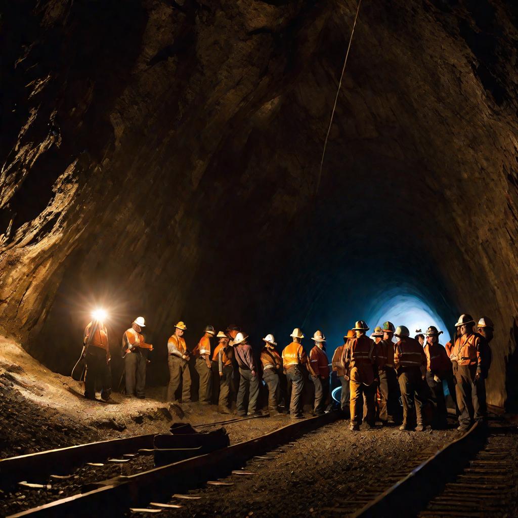 Группа шахтеров прокладывает железнодорожные пути глубоко внутри подземной выработки