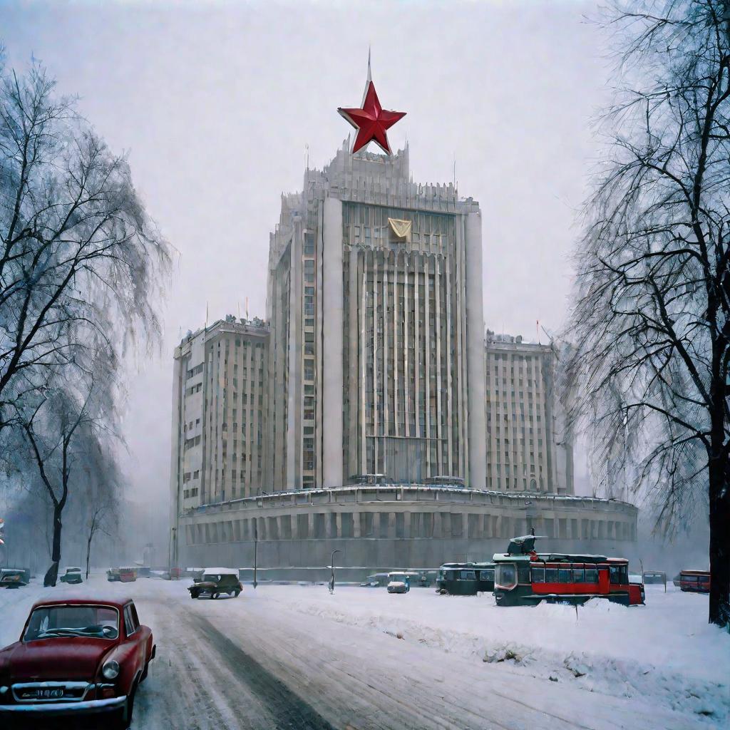 Широкий вид на здание московской штаб-квартиры ТАСС в холодное зимнее утро