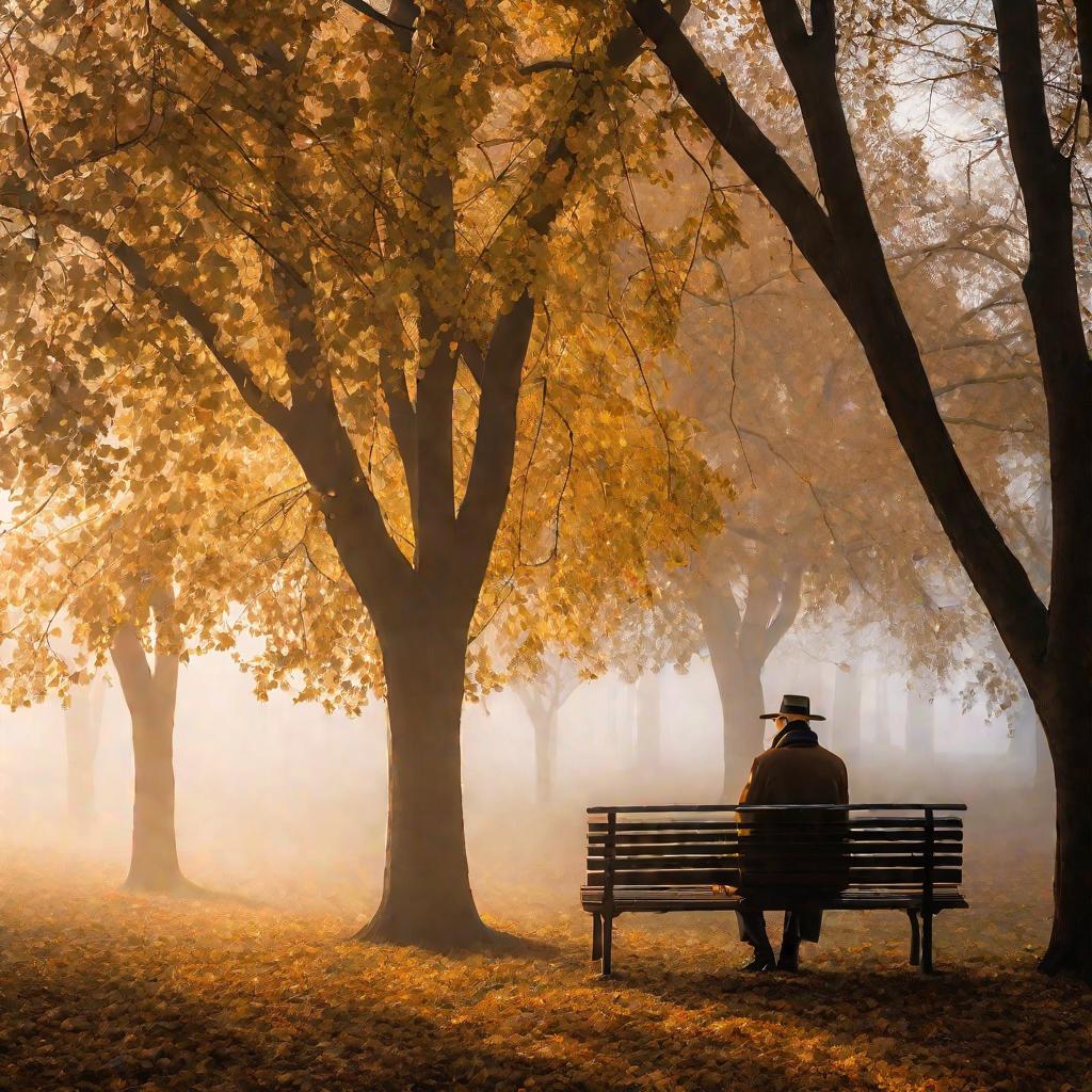 Одинокий мужчина сидит на скамейке в парке