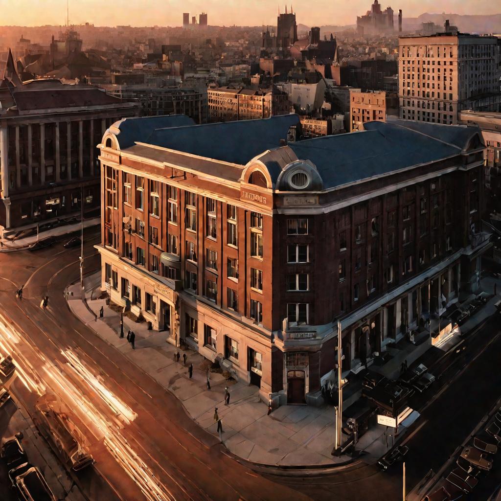 Вид сверху на здание телеграфа в 1940-х годах, много людей спешат туда, чтобы срочно отправить телеграммы