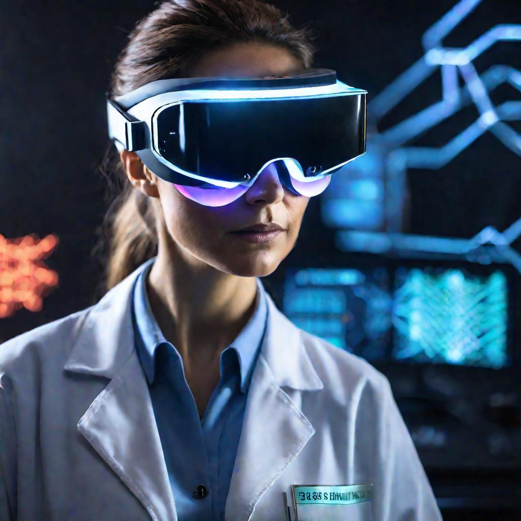 Портрет ученого в халате, использующего очки виртуальной реальности и держащего передовую голографическую технологию, излучающую пульсирующий неоновый свет