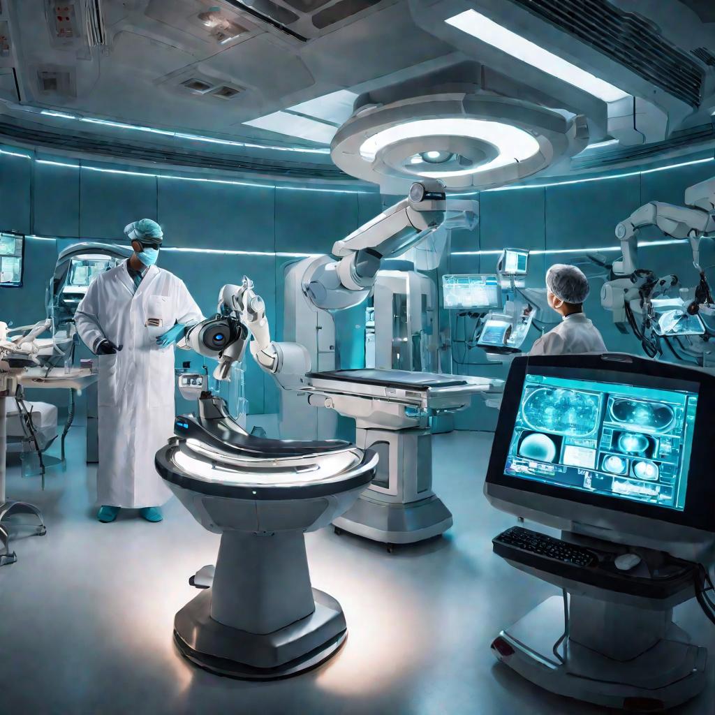 Панорамный вид ярко освещенной операционной, где хирург-робот совершает высокоточные разрезы механическими руками, оснащенными лазерами, в то время как врачи-люди наблюдают