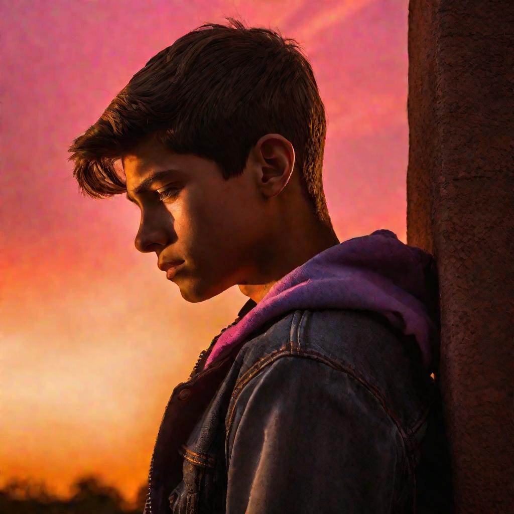 Крупный портрет задумчивого подростка на фоне закатного неба
