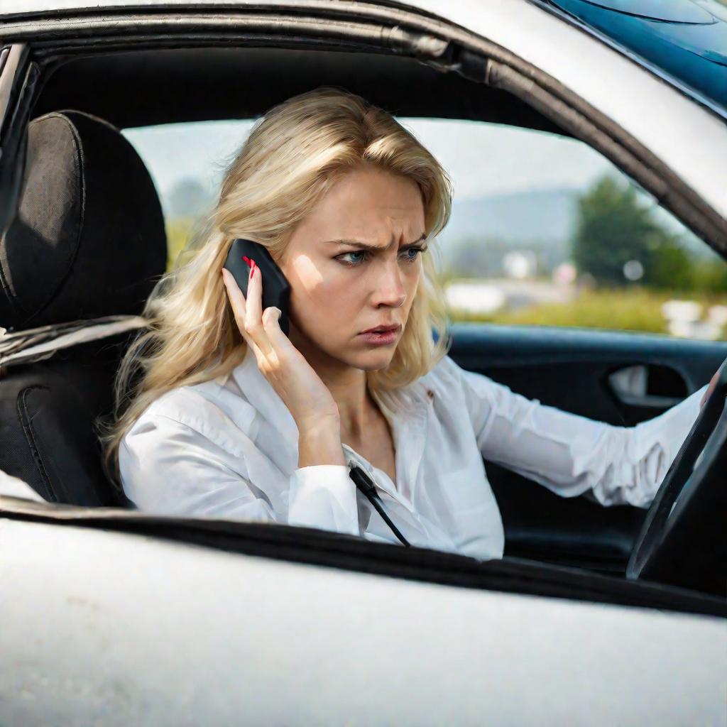 Девушка с тревожным лицом звонит по телефону после аварии