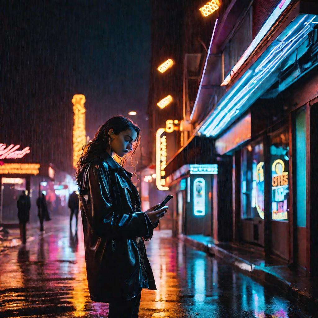 Девушка ночью смотрит телефон