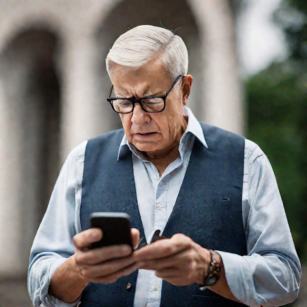 Пожилой мужчина смотрит на телефон с непониманием