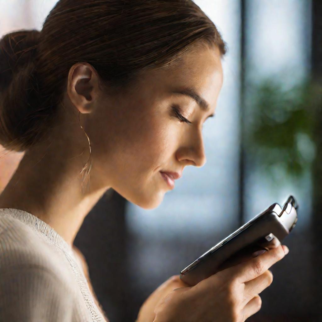 Крупный портрет женщины в профиль, держащей в руке современный смартфон и пользующейся им. Она находится в помещении, освещенном мягким естественным светом из окна.