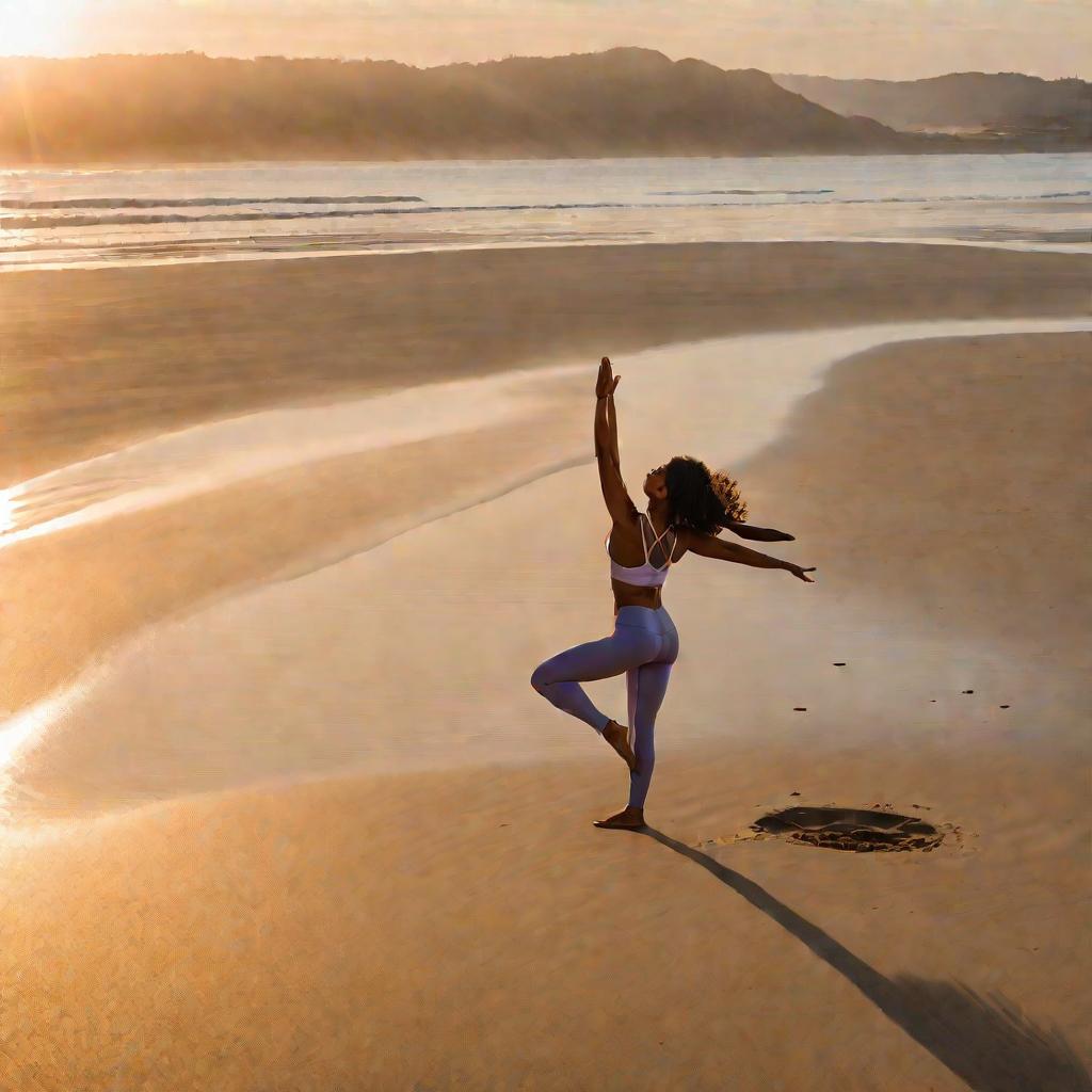 Женщина делает йогу на пляже