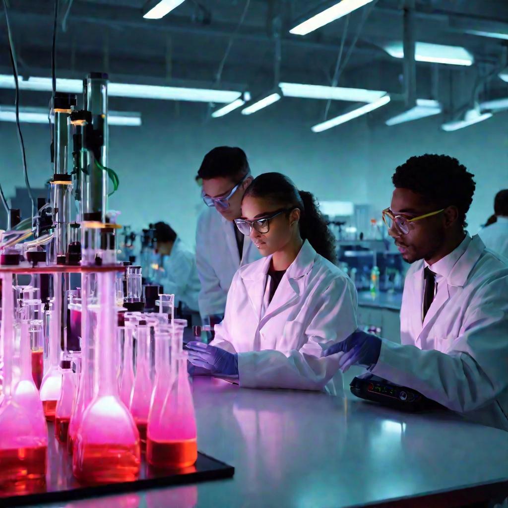 Средний план студентов в современной лаборатории университета, проводящих химический эксперимент с использованием высокотехнологичного оборудования. Ярко освещенная неоновым светом лаборатория. На столах пробирки с красочными светящимися жидкостями.