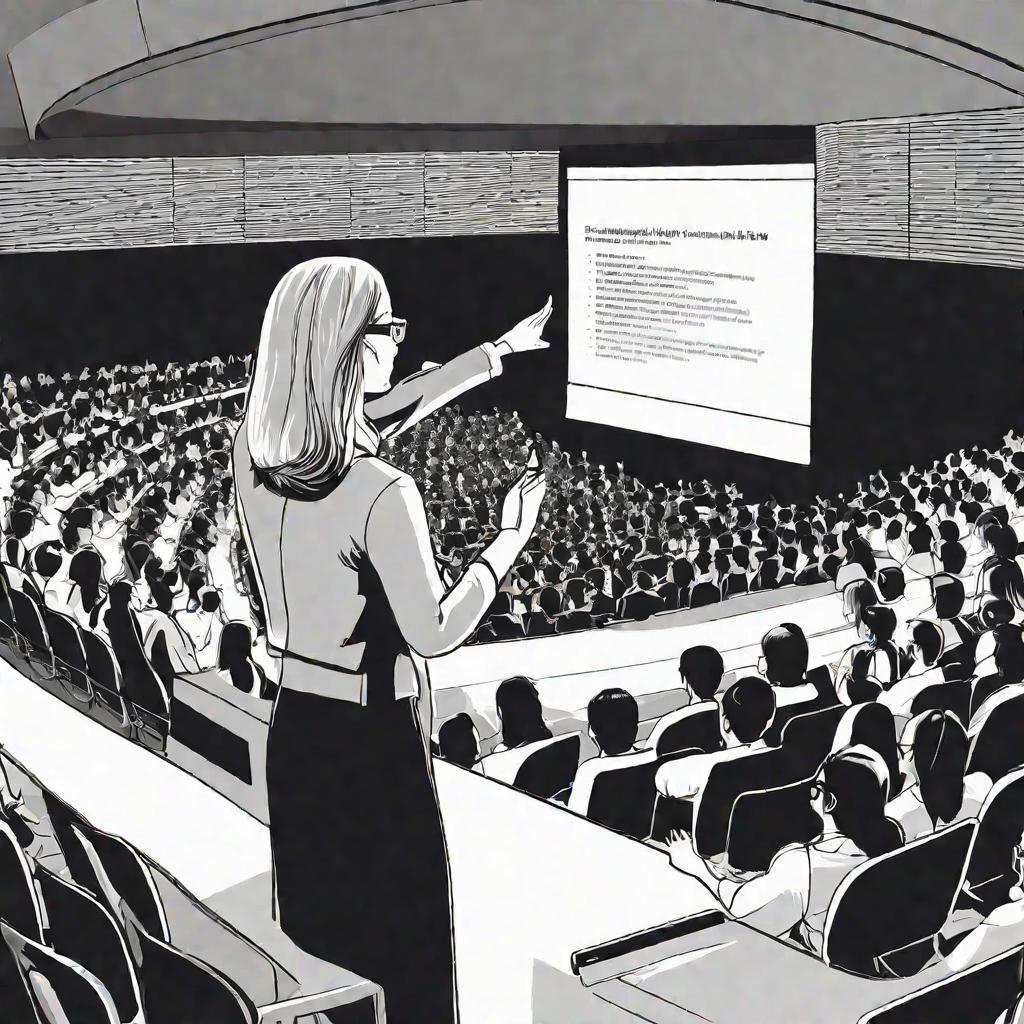 Крупным планом женщина-профессор, читающая лекцию в аудитории-амфитеатре. Она активно жестикулирует у трибуны, за ней проецируется презентация. Студенты внимательно слушают с открытыми ноутбуками.