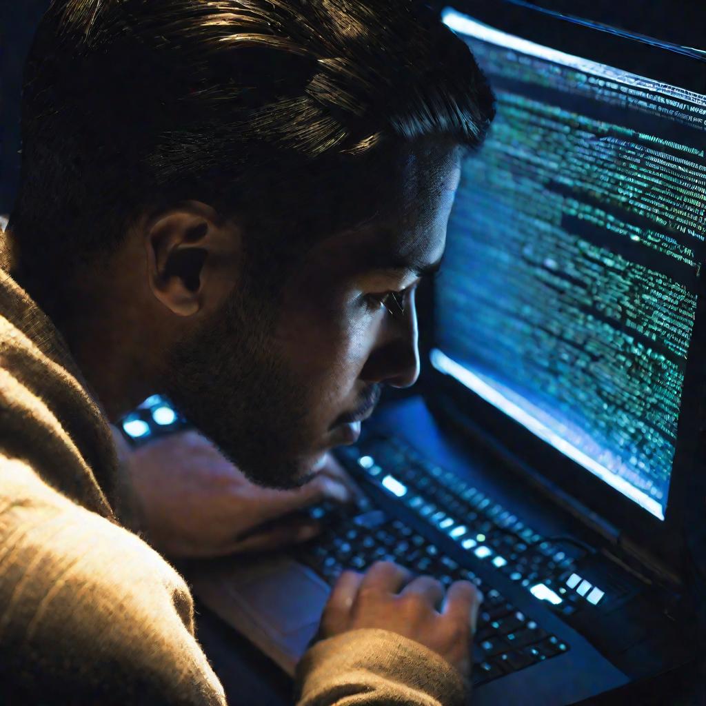 Программист пишет код на ноутбуке с драматической подсветкой лица