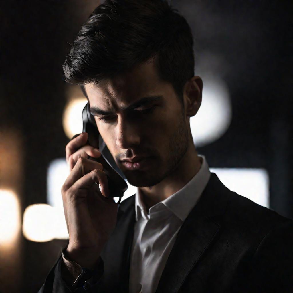 Портрет мужчины, звонящего по телефону, драматичное освещение - иллюстрация анонимных звонков