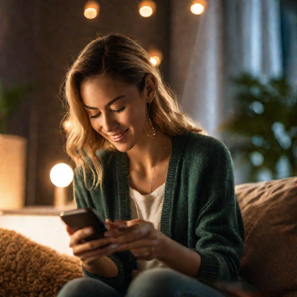 Девушка счастливо смотрит на экран смартфона с приложением Мегафон, где отображается статистика по интернет-трафику.