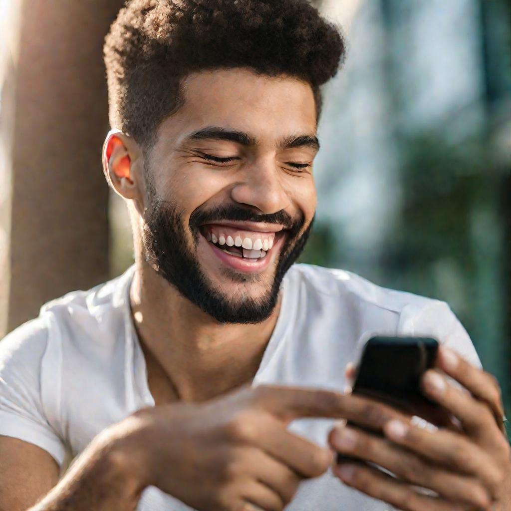 Портрет молодого человека, улыбающегося и смотрящего на экран смартфона с приложением Мегафон, где отображен остаток мобильного интернета.