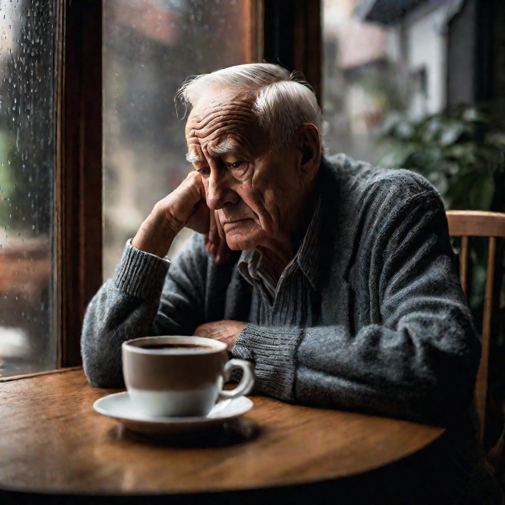 Пожилой мужчина смотрит в окно дождливым утром