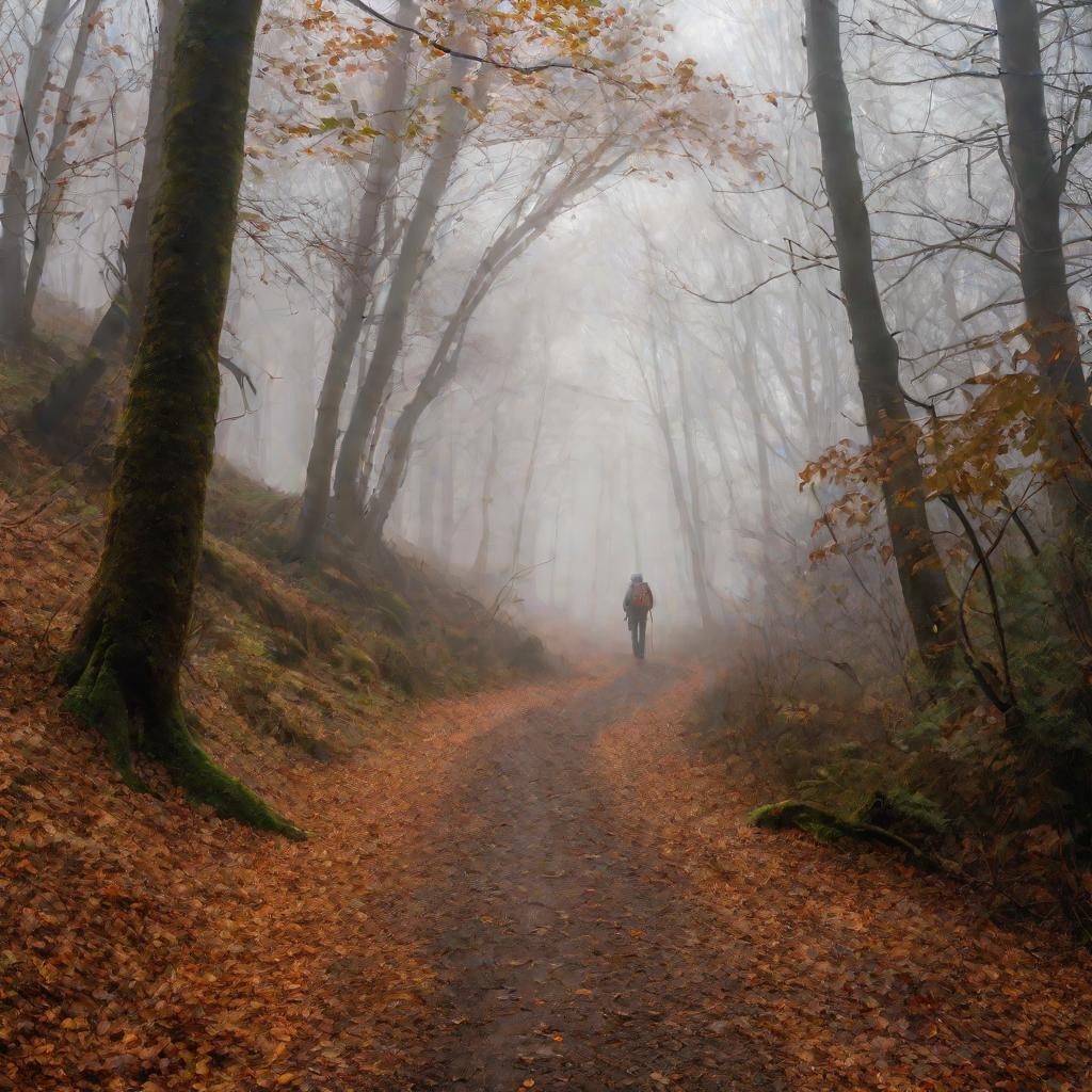 Одинокий путник идет по лесной тропе осенним днем
