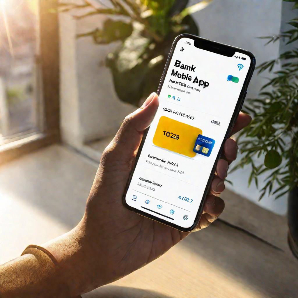 Вид сверху на руку, держащую смартфон с открытым мобильным приложением банка на экране. На странице профиля отчетливо виден номер телефона. Яркий солнечный свет из окна заливает руку и телефон, создавая светлые блики. Настроение спокойное и уверенное - но