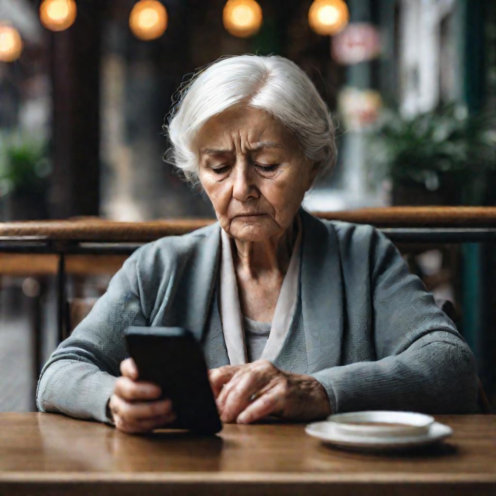 Пожилая женщина грустно смотрит на телефон из-за долга МТС