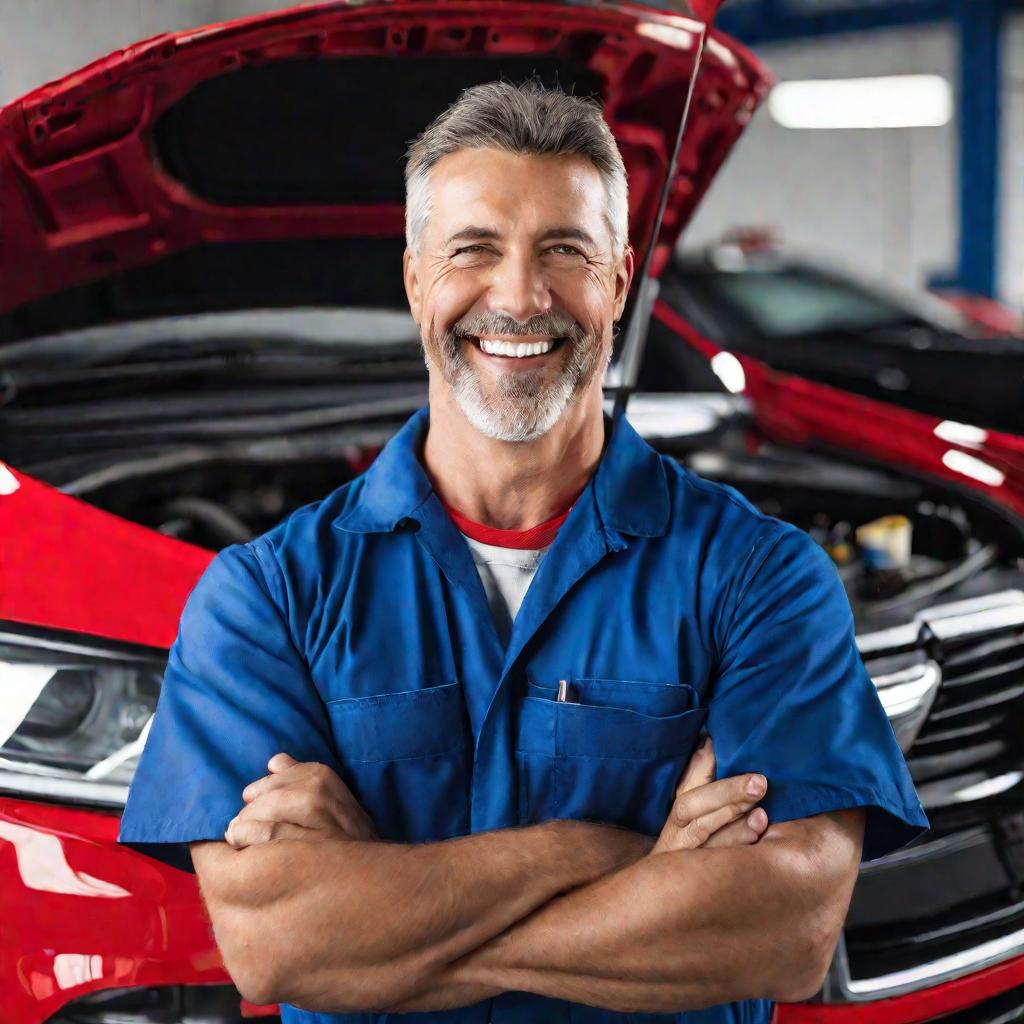 Крупный портрет дружелюбного автомеханика средних лет в синей рабочей форме, улыбающегося и держащего гаечный ключ. Он стоит перед красным автомобилем, который ремонтирует в гараже автосервиса.