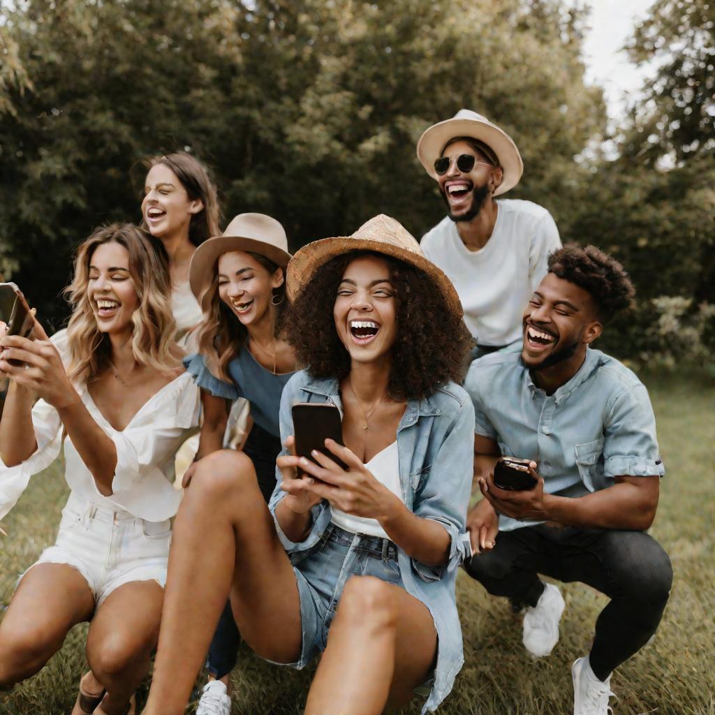 Группа друзей на улице летом смотрит на смартфон с уведомлением о пополнении баланса Билайн. Все выглядят счастливыми.