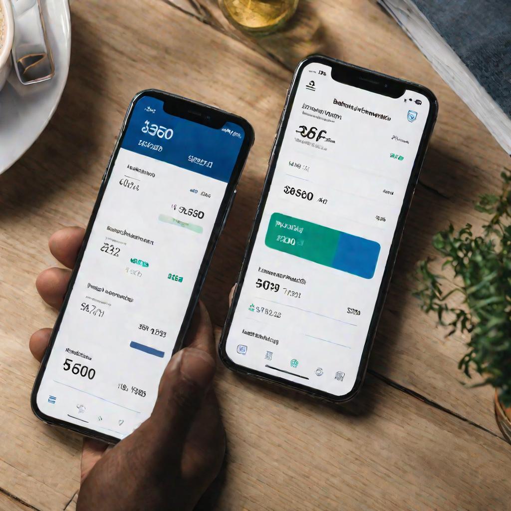 На экране смартфона отображен интерфейс мобильного банка с балансом и историей транзакций