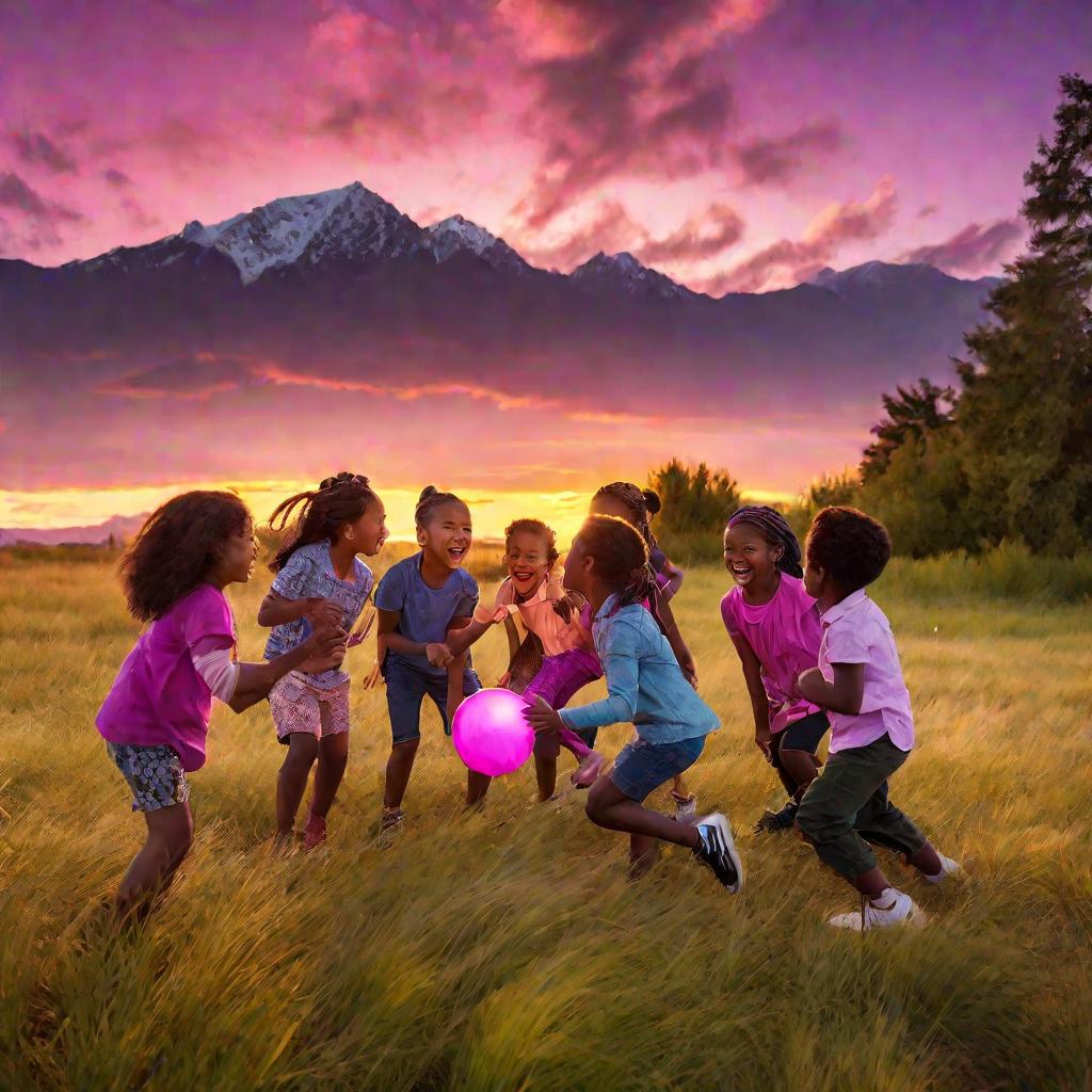 Дети играют на природе во время заката