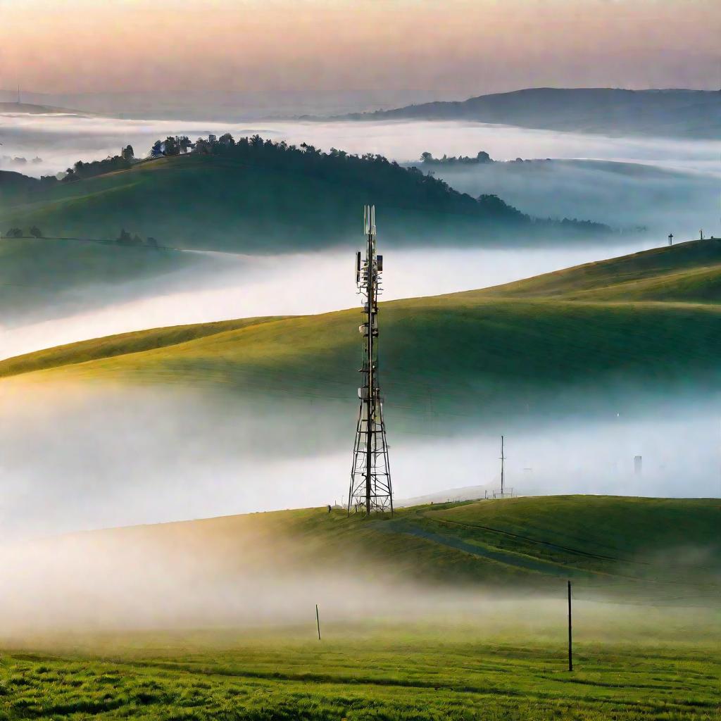 Вышка сотовой связи в тумане на фоне холмов