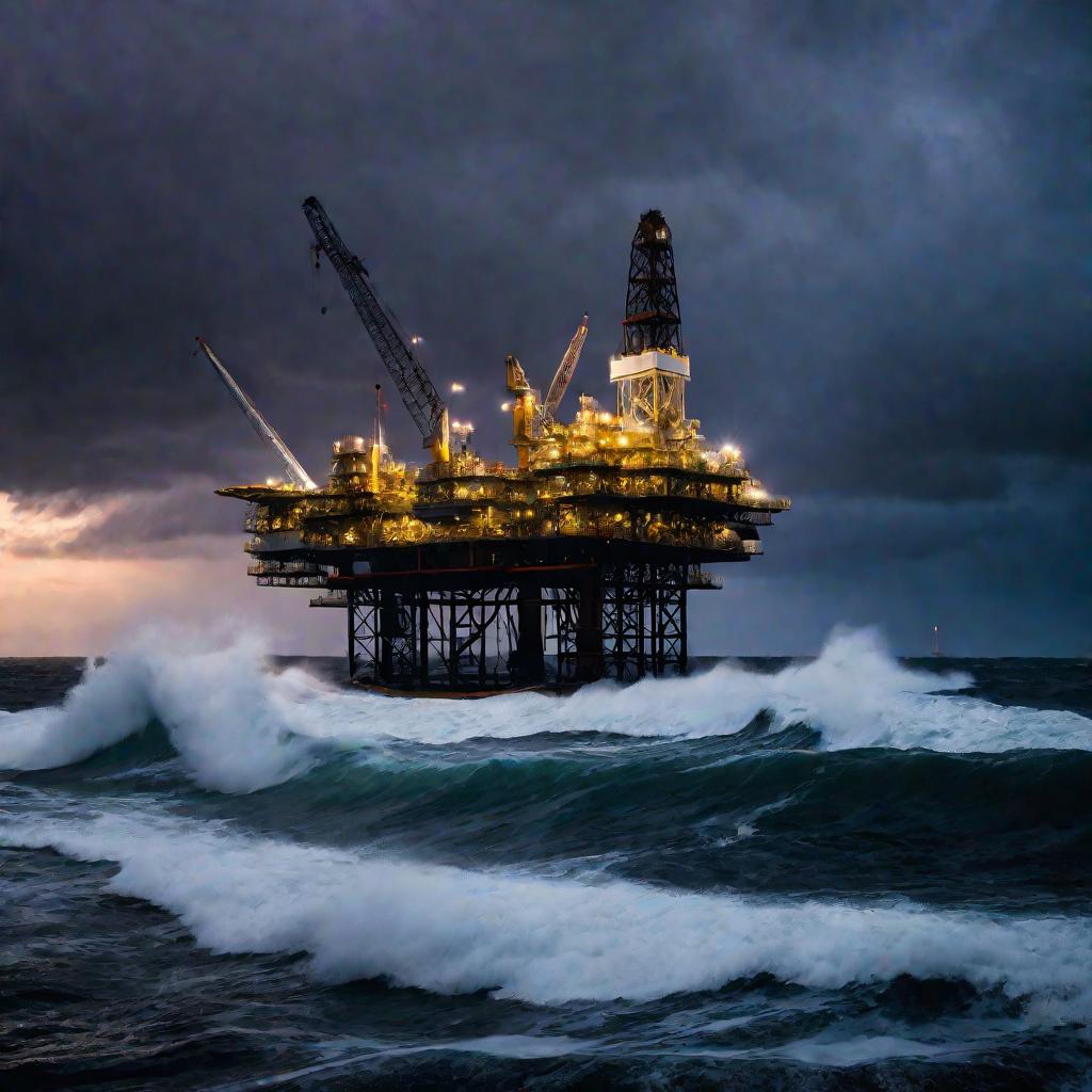 Нефтяная платформа в бурном море на закате