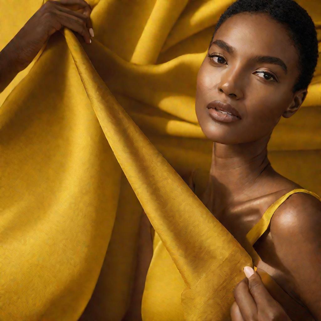 Женщина в желтом платье держит образец ткани тревира