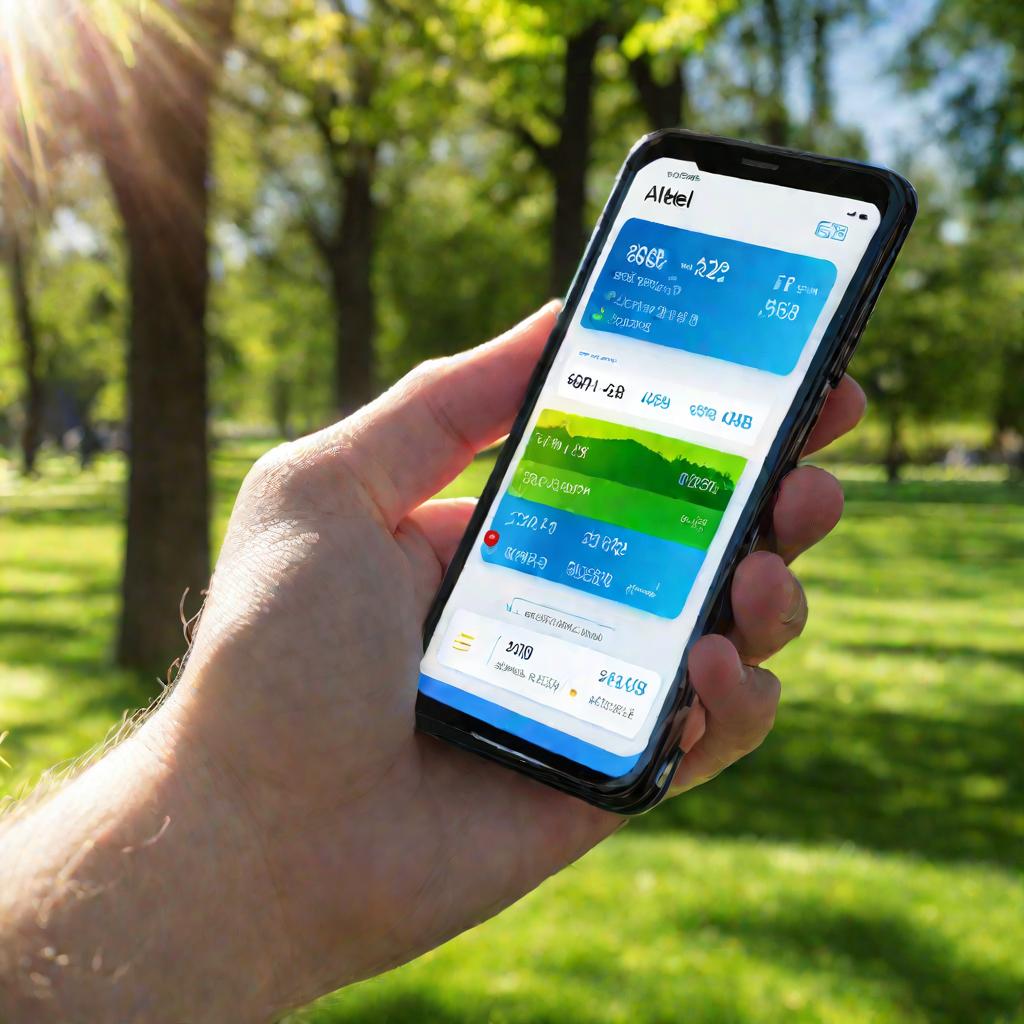 Светящийся экран смартфона с приложением Алтел, показывающий остаток мобильного интернета в 1024 Мб из 2048 Мб всего. Теплый солнечный весенний день в парке.