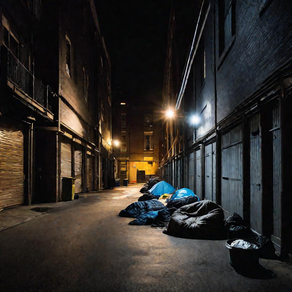 Бездомный в переулке ночью