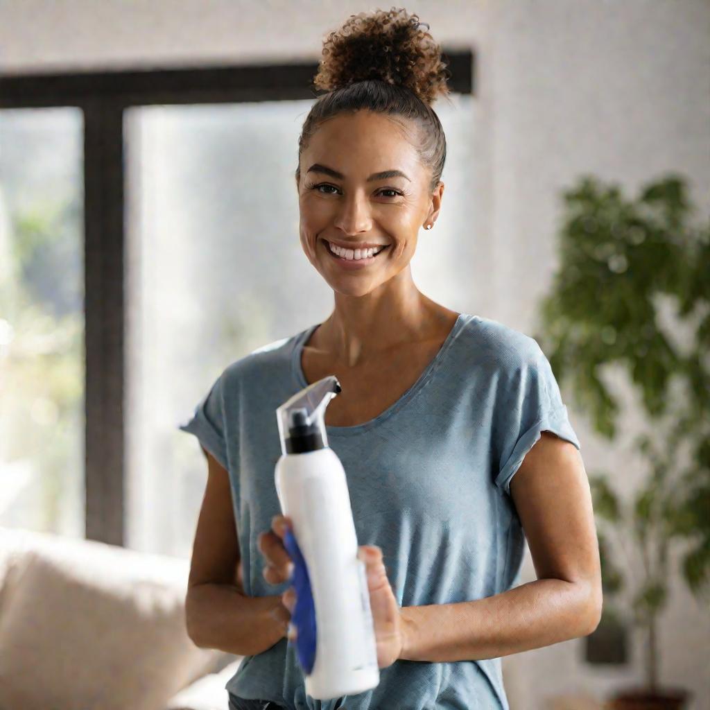 Крупный план портрета улыбающейся женщины в недавно убранной гостиной днем, держит бутылку с чистящим средством