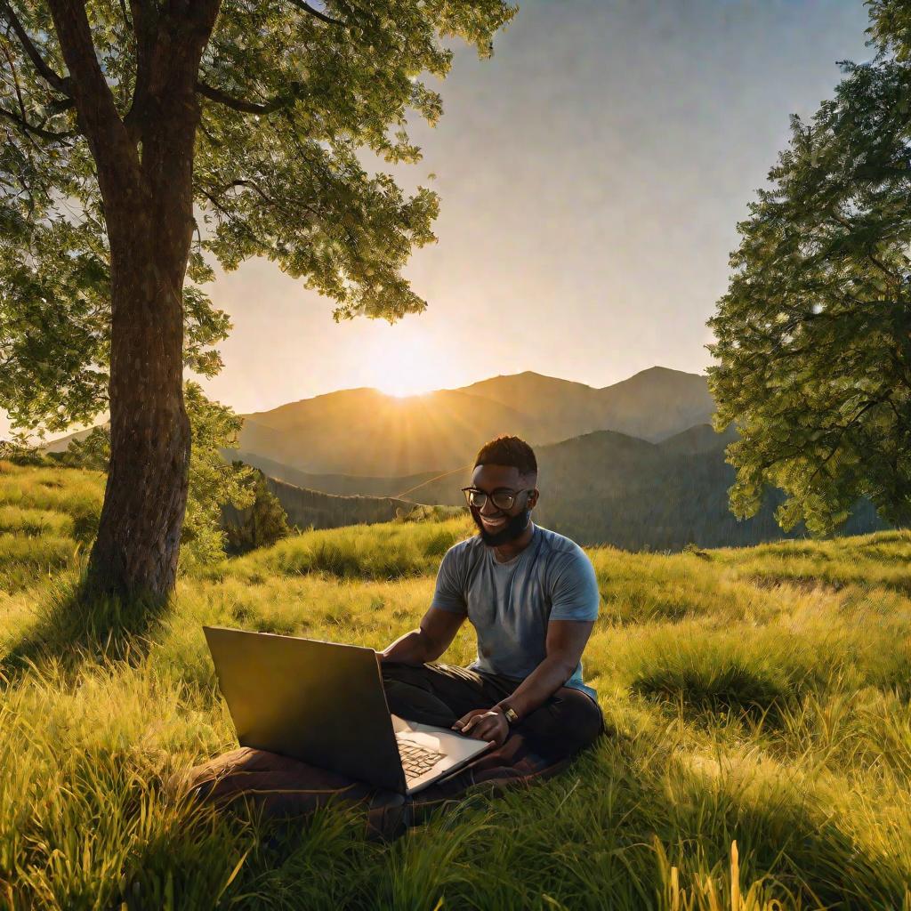 Программист работает на ноутбуке в живописном лугу на закате