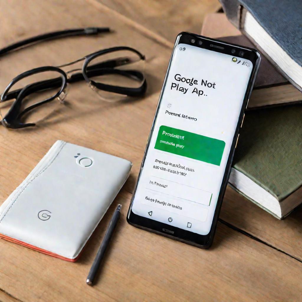 Крупный план смартфона Android с ошибкой обновления Google Play «Не удалось установить пакет», телефон лежит на деревянном столе с тетрадями, прохладное белое освещение сверху.
