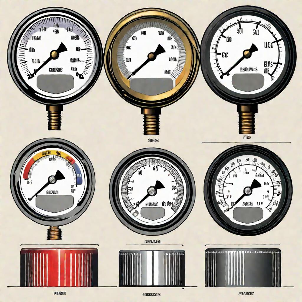 Стилизованная графика, сравнивающая различные типы манометров, с выделенными прямым шрифтом подписями на белом фоне. Стрелки ведут от подписей к детальным векторным иллюстрациям каждого типа манометра, включая механизмы с мехом, мембраной и трубкой Бурдон